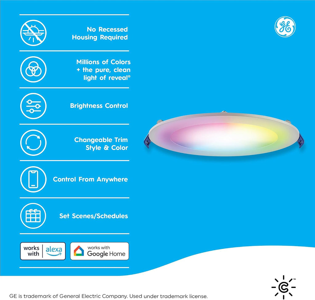 GE CYNC Reveal HD+ Wafer Smart LED Downlight Fixture, Color Changing Lights, WiFi and Bluetooth LED Lights, 16 Watts, Compatible with Alexa and Google Home, 4 Inches (6 Pack)
