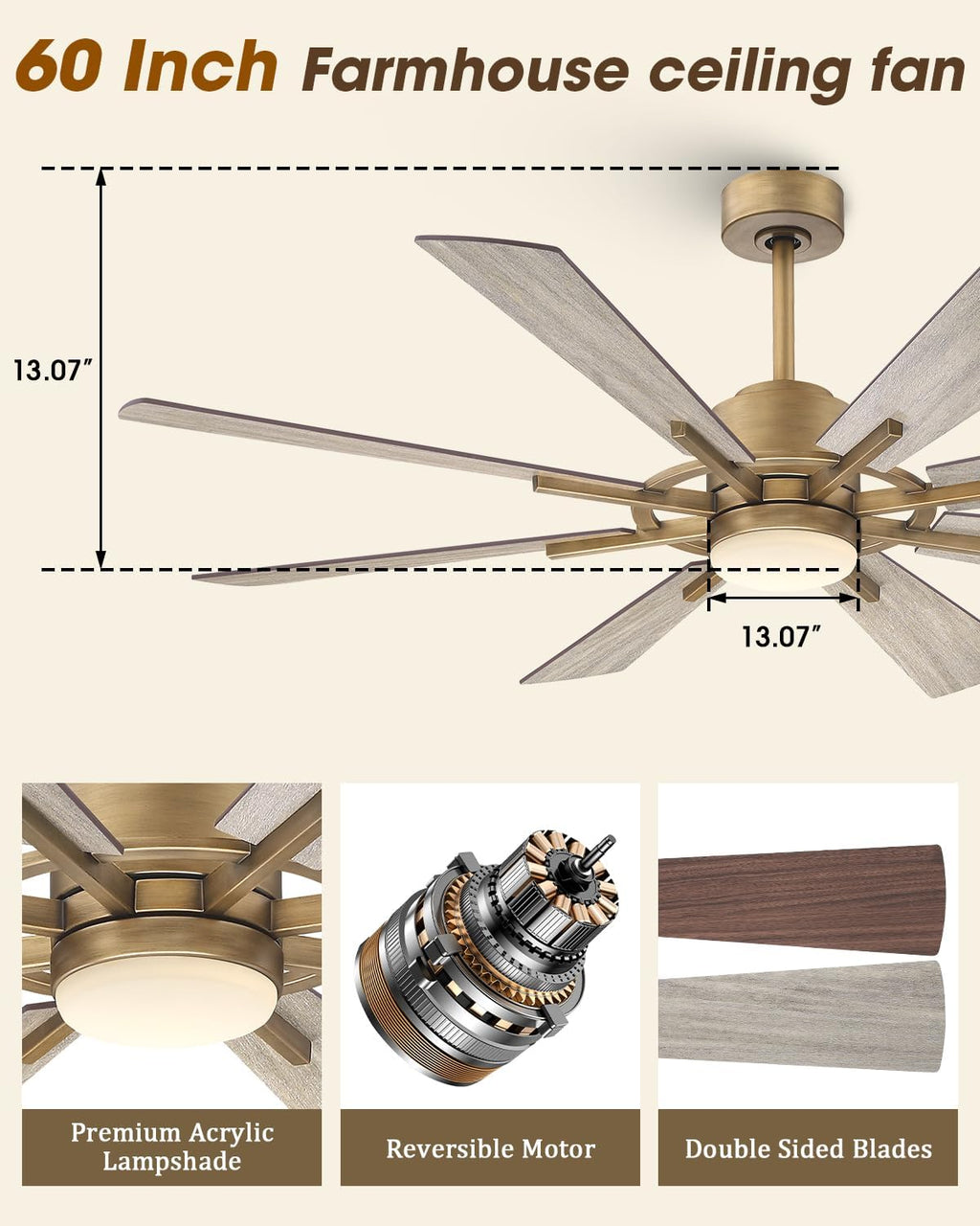 Parrot Uncle 60 inch Ceiling Fan with Lights, Farmhouse Gold Ceiling Fan and Remote for Living Room Bedroom, 2 Color Blades, 6 Speeds, ETL