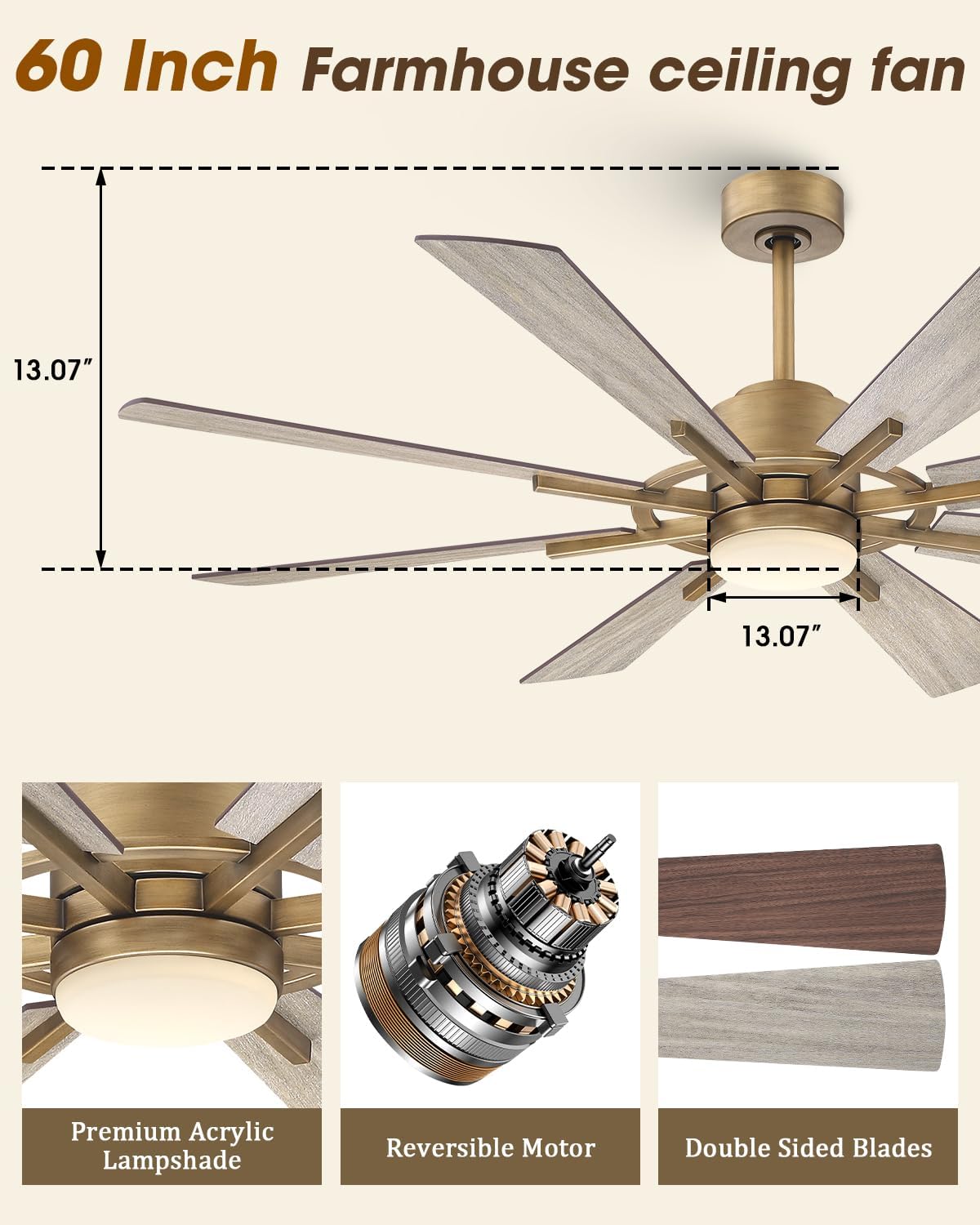 Parrot Uncle 60 inch Ceiling Fan with Lights, Farmhouse Gold Ceiling Fan and Remote for Living Room Bedroom, 2 Color Blades, 6 Speeds, ETL