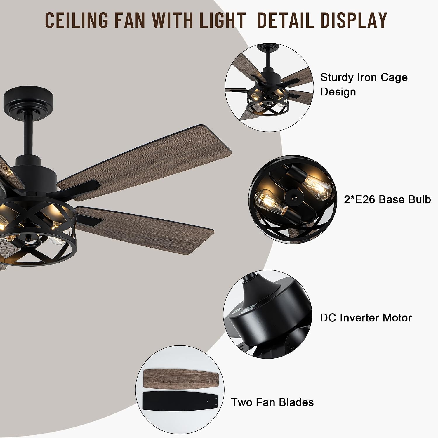 52' Farmhouse Ceiling Fan with Lights and Remote,Ceiling Fan with Caged Rustic Light Fixture,Reversible DC Motor,5 Double Finish Wood Blades for Patio,Living Room,Dining Room,Bedroom