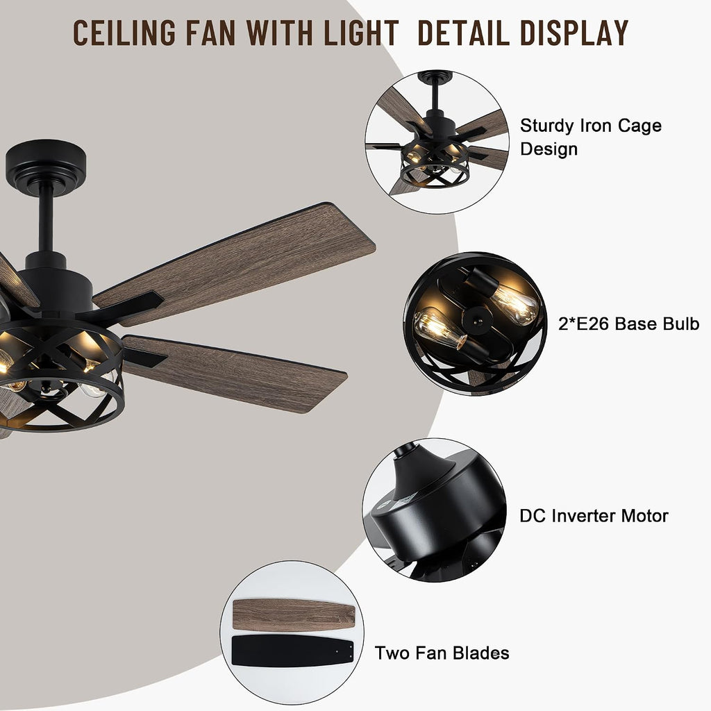 52' Farmhouse Ceiling Fan with Lights and Remote,Ceiling Fan with Rustic Caged Light Fixture,Reversible DC Motor,5 Double Finish Wood Blades for Patio, Living Room, Dining Room,Bedroom