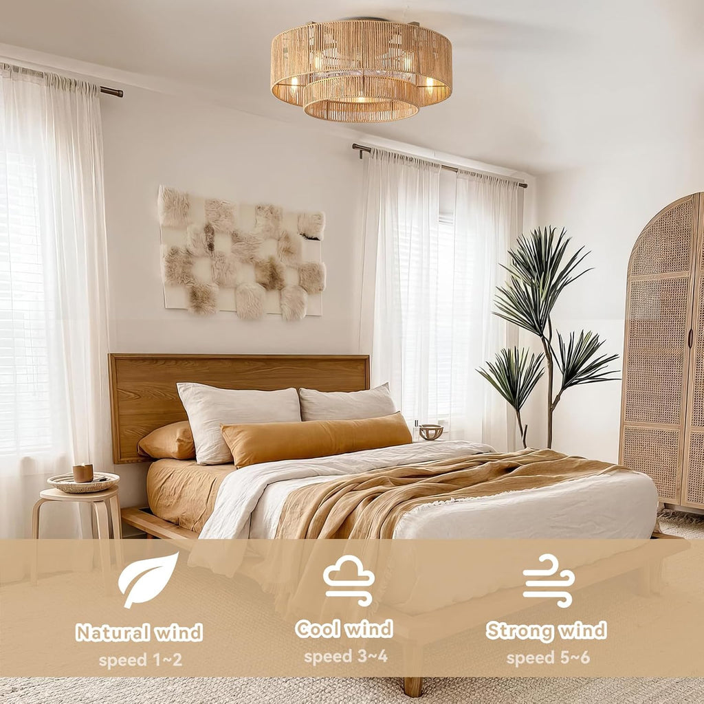 20'' Rattan Boho Ceiling Fan with Light, Enclosed Caged Ceiling Fans with Lights and Remote Control, Coastal Flush Mount with Reversible 6 Speeds for Living Room Bedroom Kitchen