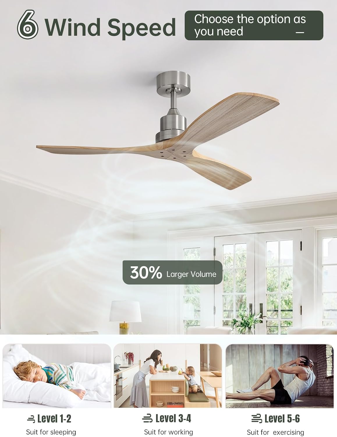 Sofucor 52 Inch Ceiling Fans No Light-Outdoor Ceiling Fan with Remote Control, Modern Wood Ceiling Fan Without Light for Bedroom Indoor Patios Farmhouse,Reversible DC Motor,Brushed Nickel&Natural Wood