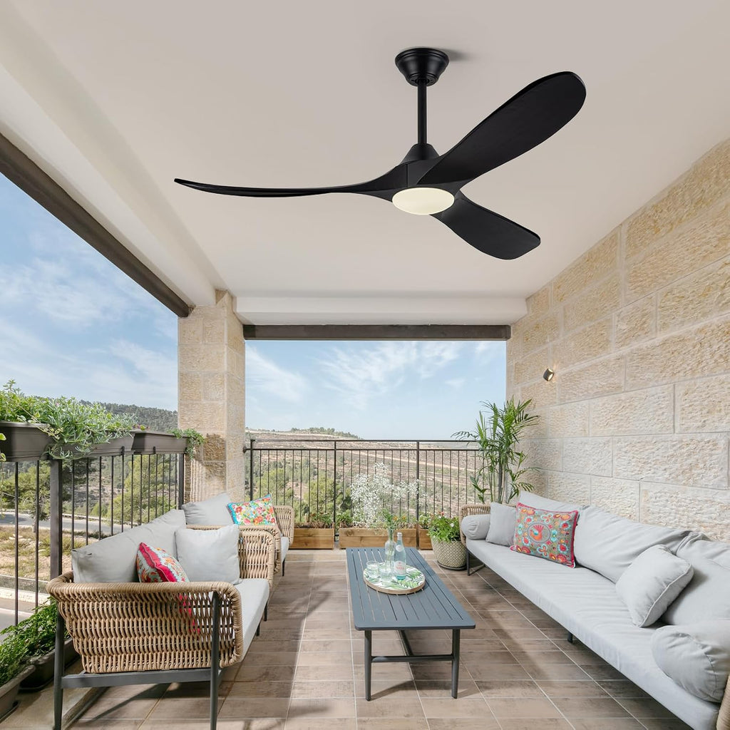 52 Inch Black Ceiling Fans with Lights, Modern Ceiling Fan for Patios with Remote Control, 3 Blades Large Airflow Damp Rated Wood Ceiling Fan for Farmhouse Bedroom, High Low Sloped Ceiling
