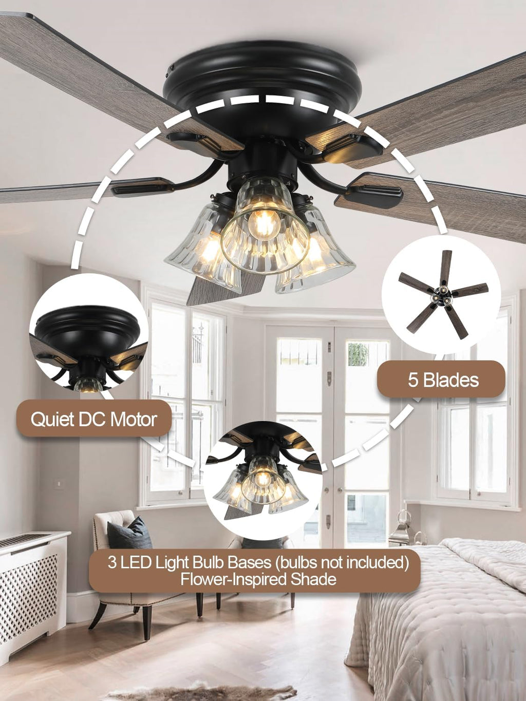 52' Flush Mount Farmhouse Ceiling Fan with Lights and Remote, Rustic Vintage Ceiling Fan Antique Fandelier 3-Lights 5 Reversible Blades Chandelier for Bedroom Living Room Dining Room