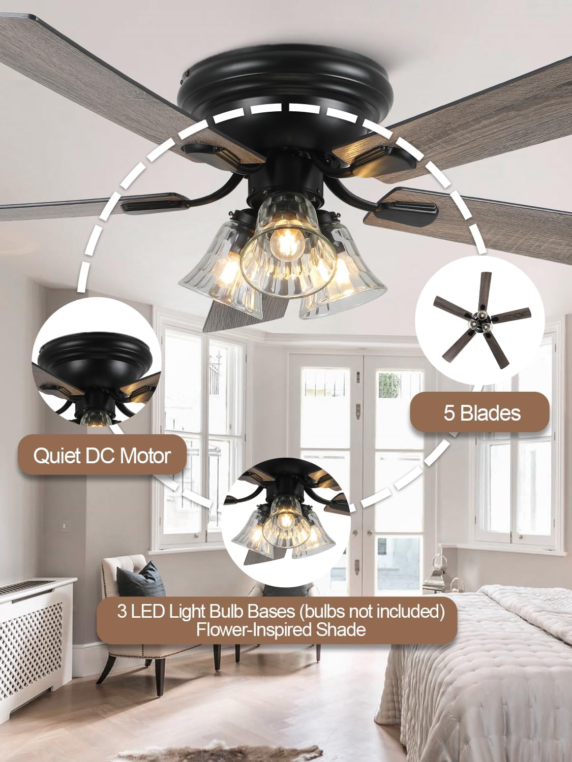 52' Flush Mount Farmhouse Ceiling Fan with Lights and Remote, Rustic Vintage Ceiling Fan Antique Fandelier 3-Lights 5 Reversible Blades Chandelier for Bedroom Living Room Dining Room