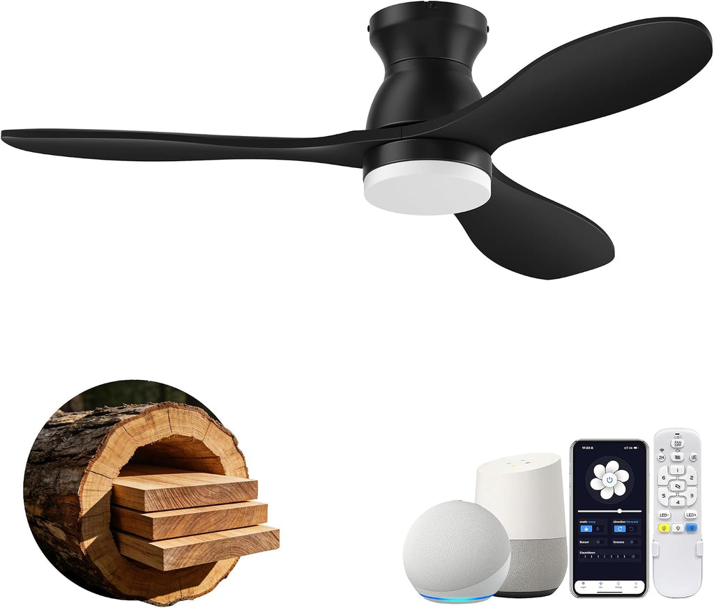 42' Wood Ceiling Fans with Lights, Smart Control by Remote Alexa APP,Quiet DC Motor,Modern Flush Mount Hugger Ceiling Fan for Low Profile Bedroom,Patio,Outdoor Indoor,Matte Black,Dim,6 Speed,3 Blade