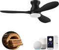 42' Wood Ceiling Fans with Lights, Smart Control by Remote Alexa APP,Quiet DC Motor,Modern Flush Mount Hugger Ceiling Fan for Low Profile Bedroom,Patio,Outdoor Indoor,Matte Black,Dim,6 Speed,3 Blade