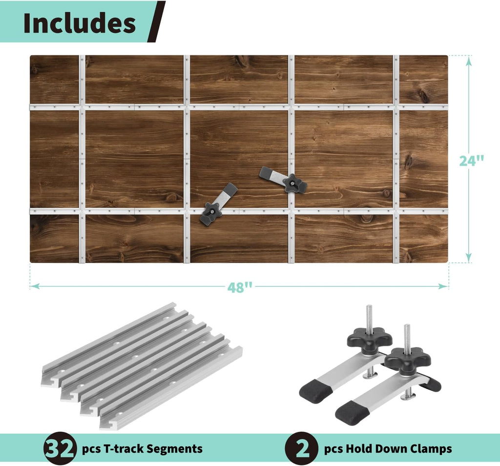 DuBois T Track Table Kit for 2' x 4' T Track Table Top & 2PK T-Track Hold Down Clamp, Inlcudes 6'x32 PCS Universal T Track & 4PK Hold Down Clamps for Woodworking, CNC Machine, Work Bench, Router Table