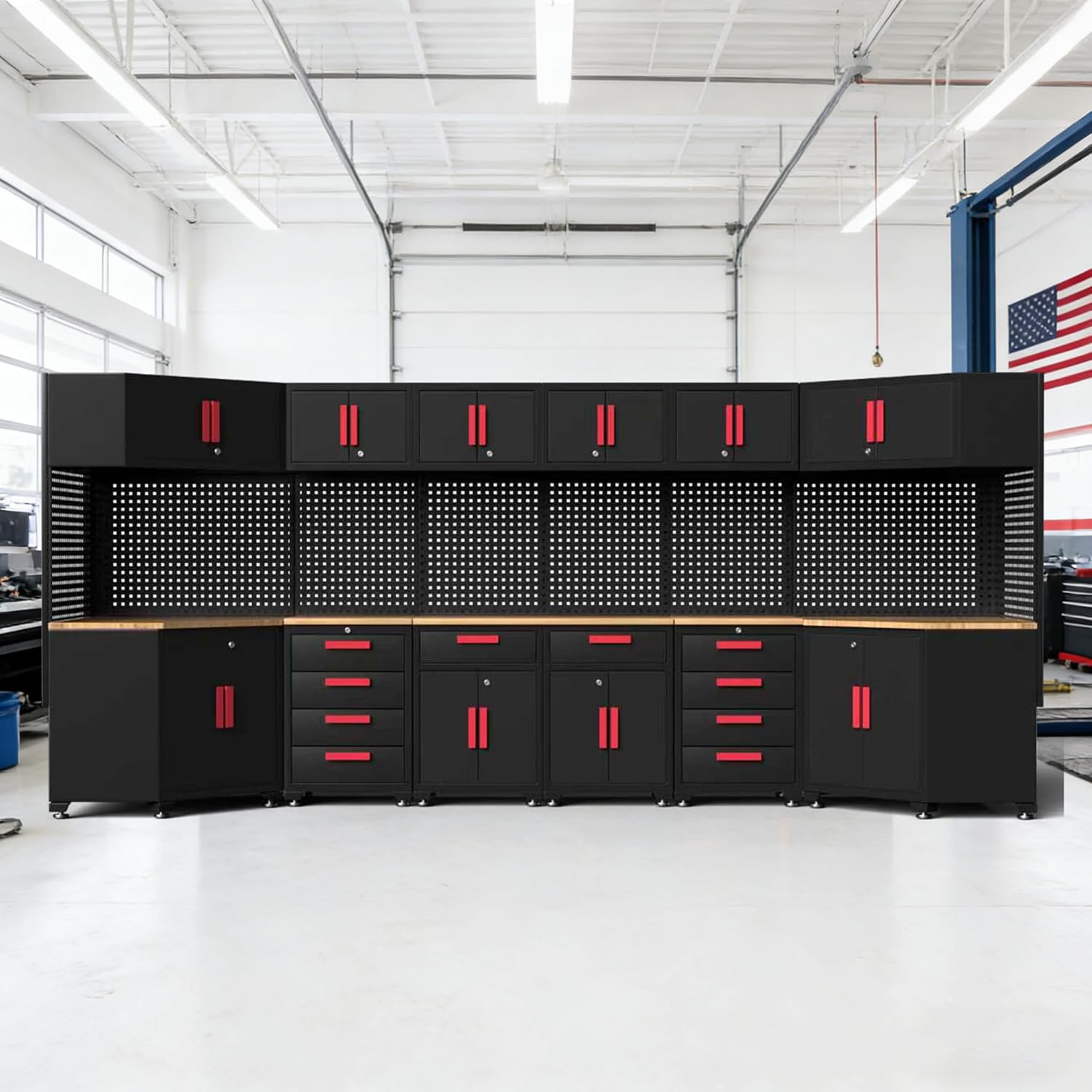 Garage Storage Cabinet System,2Pack Garage Cabinets and Storage System Included Steel Drawers Rolling Chest,Locked Storage Cabinet, Perfect for Organizing Garage and Tools, Red Handle