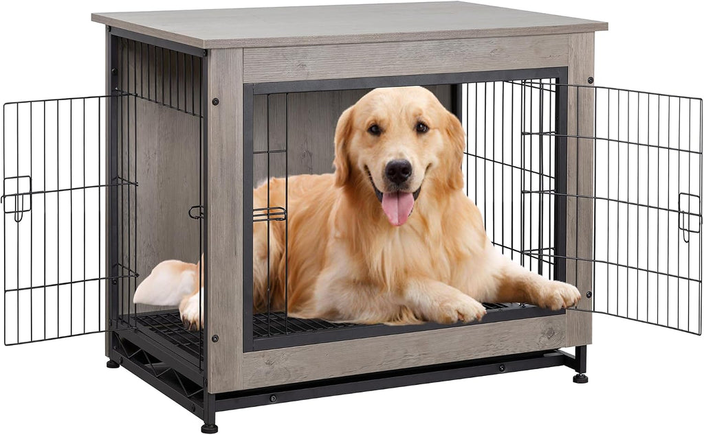 Shintenchi Wooden Dog Crate Furniture for Large Breed, L Double-Door Kennel Indoor with Removable Tray, End Table L Dog Crate for Decoration, 44.1' L, Gray
