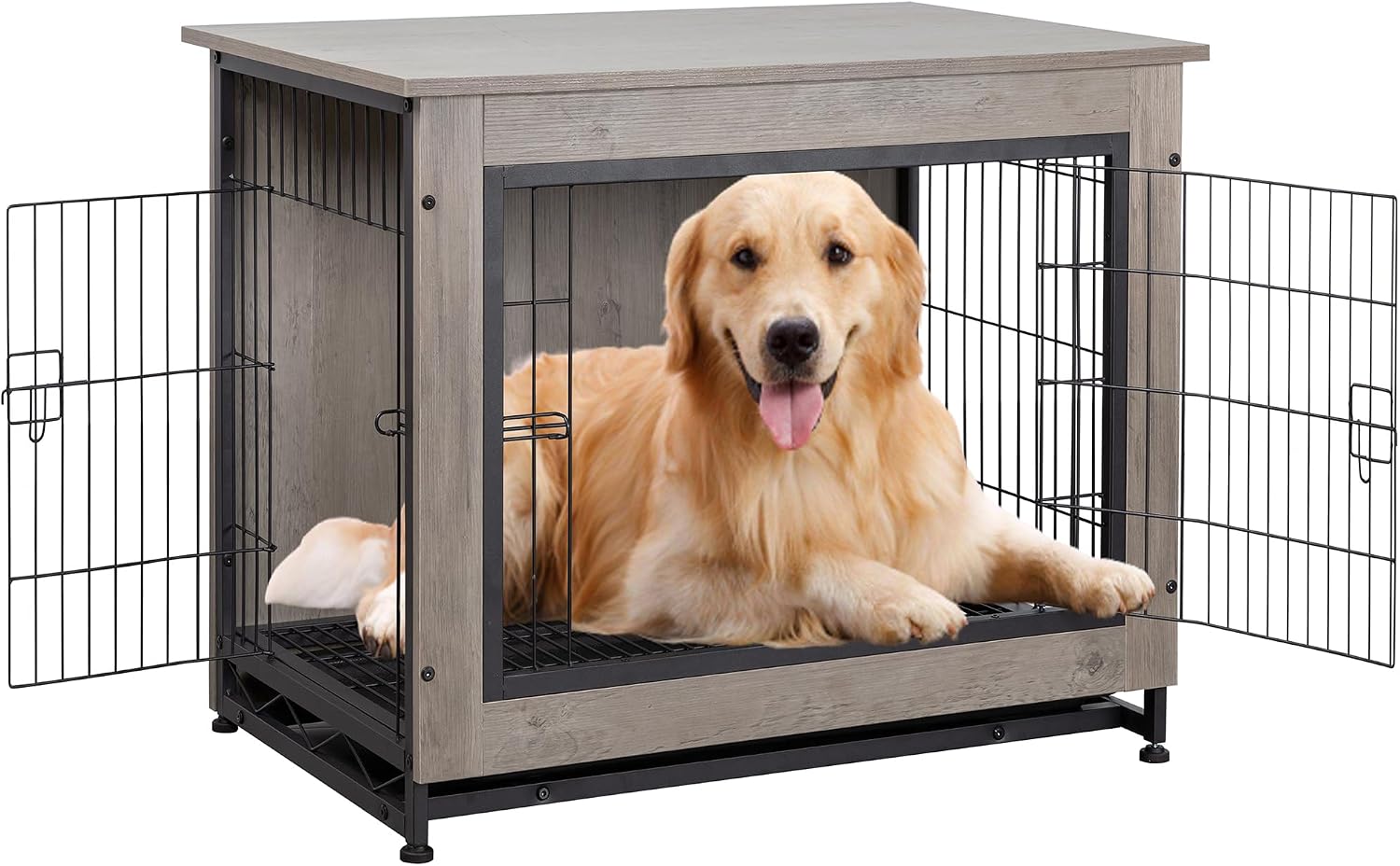 Shintenchi Wooden Dog Crate Furniture for Large Breed, L Double-Door Kennel Indoor with Removable Tray, End Table L Dog Crate for Decoration, 44.1' L, Gray