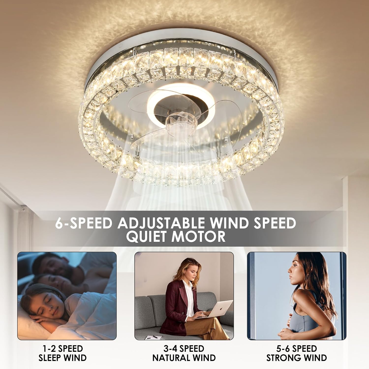 CLAIRDAI Crystal Ceiling Fans with Lights Flush Mount Ceiling Fan with Remotel Control Dimmable Fandelier Modern LED Low Profile Ceiling Fan Light (Chrome)