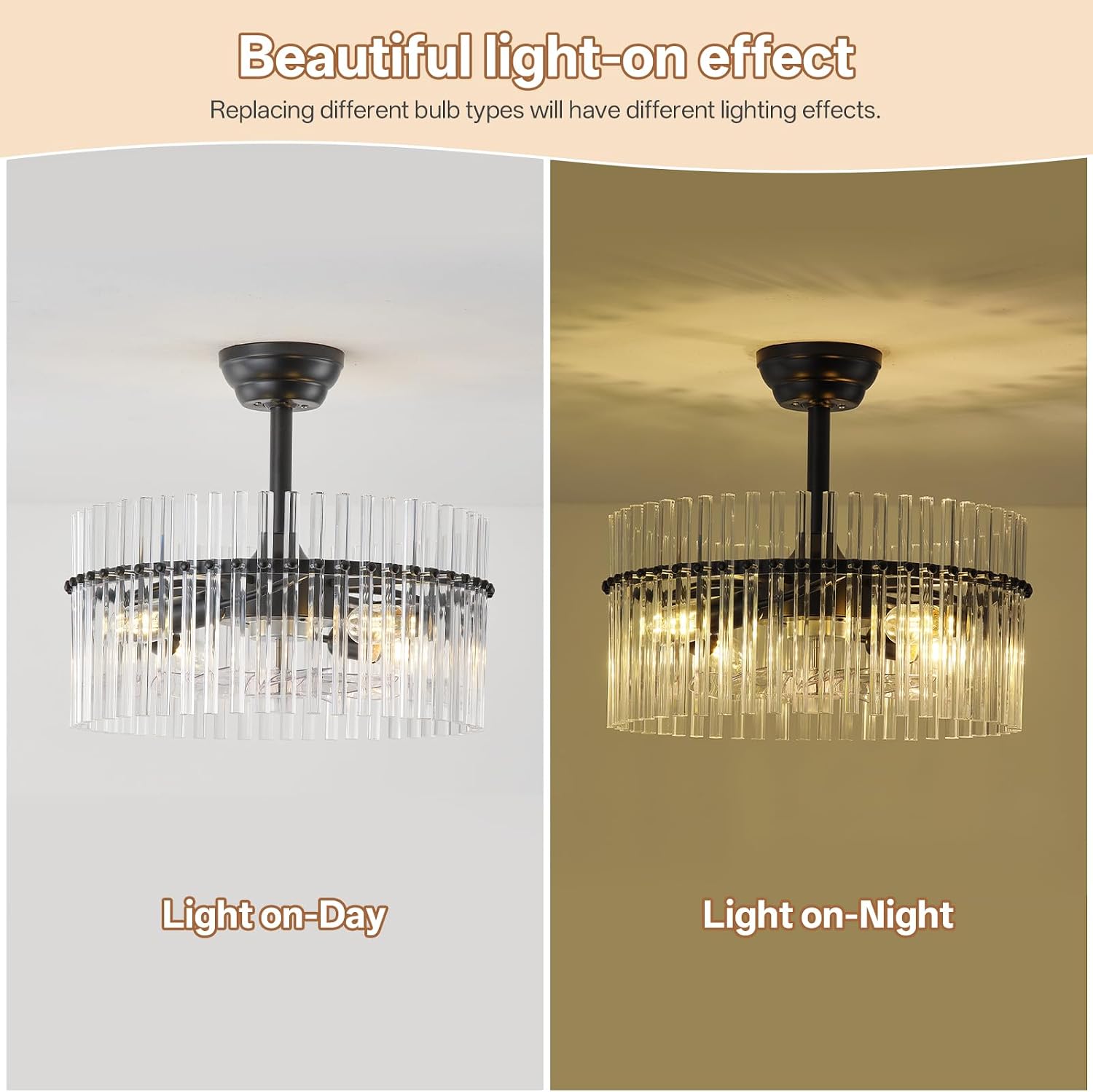 20' Black Crystal Fandelier Ceiling Fans with Lights, Black Crystal Chandelier Ceiling Fan with Light Remote Control, 6 Speeds for Bedroom, Living Room, Nursery