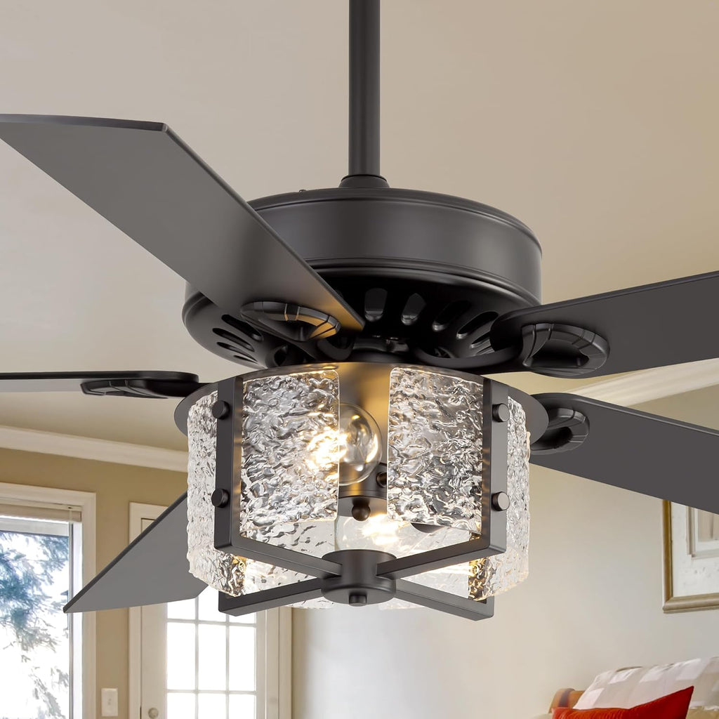 52 Inch Modern Farmhouse Ceiling Fan with Light Kit & Remote, Ultra Quiet DC Motor, Reversible 5-Blade Design, Antique Light Fixture, Dual Downrod for Low/High Ceilings - Vintage Black