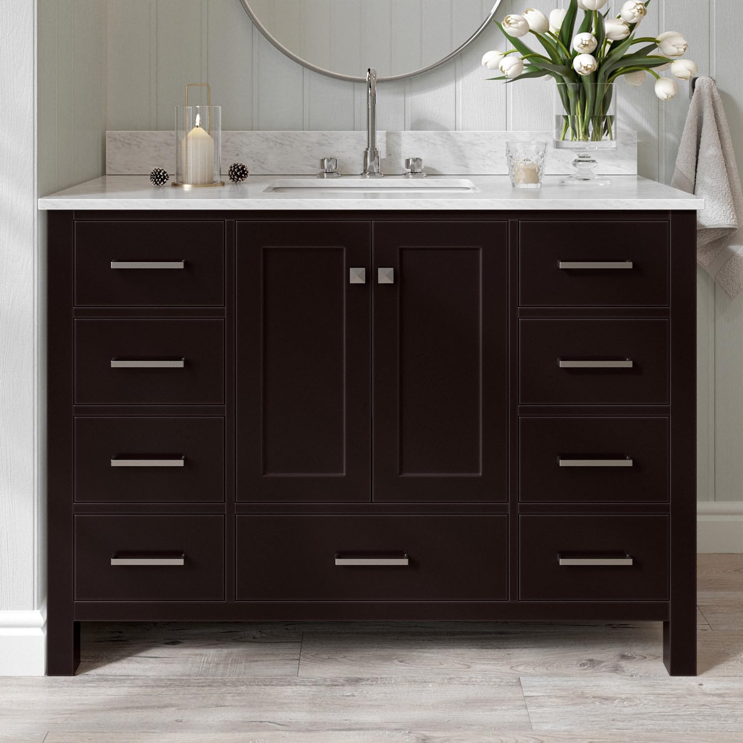ARIEL Cambridge 48-inch Bathroom Vanity with Sink,Solid Wood, 0.75-inch Italian Carrara Marble Countertop, Single Rectangular Porcelain Sink, 2 Soft Closing Doors, 9 Dovetail Drawers, Espresso