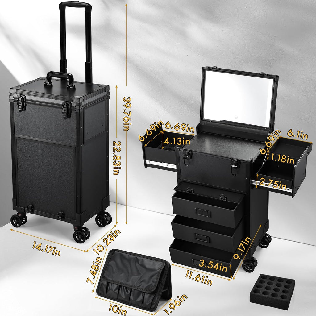 Faquenc Rolling Makeup Case with lighted mirror, Cosmetology Case on Wheels with LED Mirror, Professional Salon Trolley Cart with Drawer,Travel Makeup Lockable Beauty Organizer with Live Stream Light