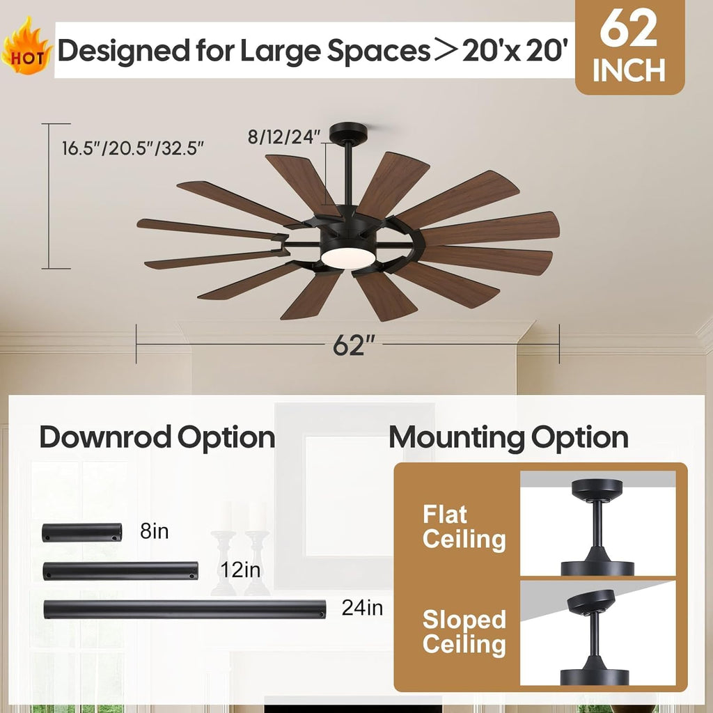 62 Inch 12-Blade Black Ceiling Fan with Light and Remote, for Patio Shop Garage, High CFM Wind Mill Farmhouse Indoor Outdoor Ceiling Fan, Dual Color, 3CCT, 3 Downrods, 6-Speed, DC Motor