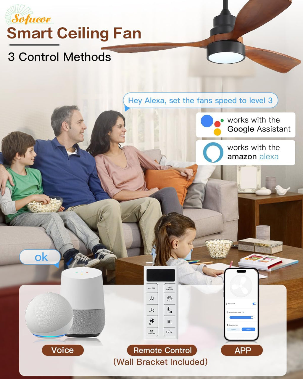 Sofucor 48 Inch Smart Ceiling Fans with Lights-Flush Mount & Downrod Mount Modern Outdoor Ceiling Fans with Alexa/Google Assistant/APP/Remote Control for Bedroom/Farmhouse/Patio, Black & Walnut