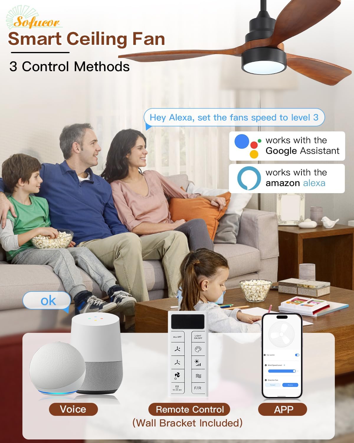 Sofucor 48 Inch Smart Ceiling Fans with Lights-Flush Mount & Downrod Mount Modern Outdoor Ceiling Fans with Alexa/Google Assistant/APP/Remote Control for Bedroom/Farmhouse/Patio, Black & Walnut