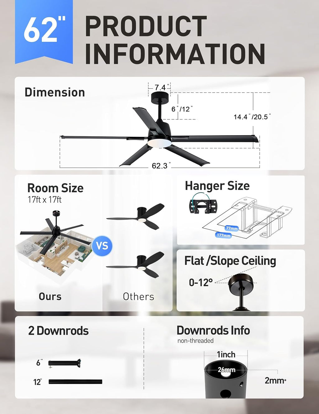 Minislak 62 Inch Smart Ceiling Fan with Light and Remote,Industrial Ceiling Fan with 5 Aluminum Blades,6 Speed,3CCT,Quiet DC Motor Indoor Outdoor Fan for Patio,Living Room,Bedroom