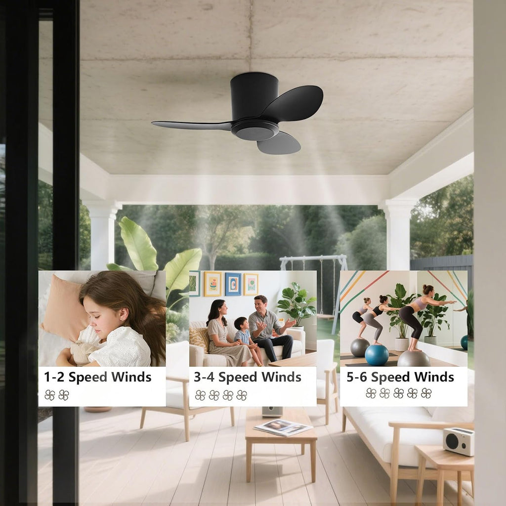 Flush Mount Ceiling Fan No Light Modern Small Ceiling Fans Remote Control 6 Speeds 25 Inch Ceiling Fan Without Lights Quiet DC Motor, 3 Blades For Restaurant Bedroom Patio Indoor