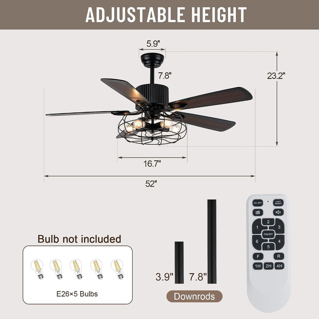 52' Farmhouse Ceiling Fans with Lights and Remote,Industrial Caged Rustic Retro Chandelier Ceiling Fan with Reversible Motor,5 Double Colour Blades for Dining Room Living Room Bedroom