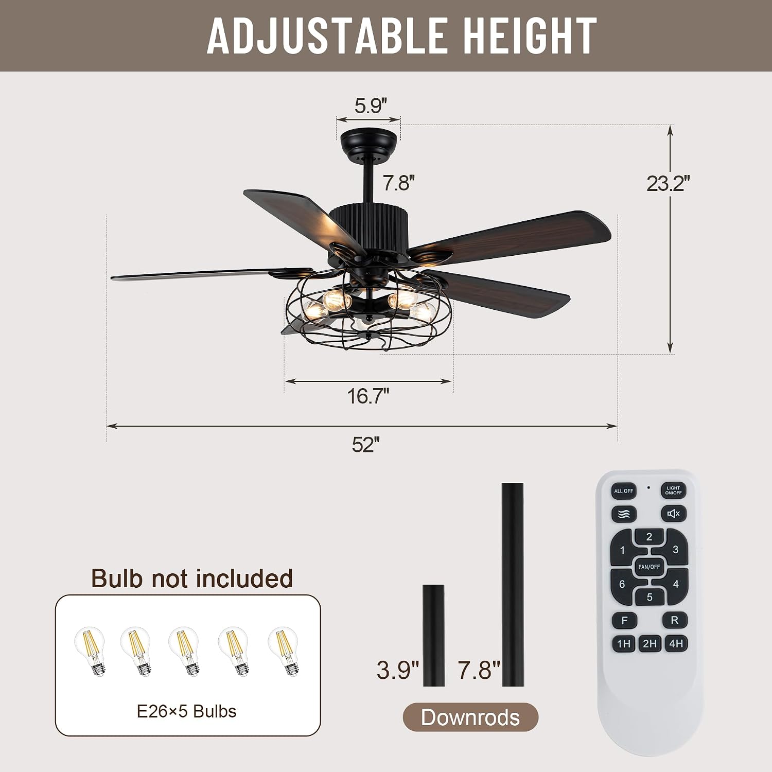 52' Farmhouse Ceiling Fans with Lights and Remote,Industrial Caged Rustic Retro Chandelier Ceiling Fan with Reversible Motor,5 Double Colour Blades for Dining Room Living Room Bedroom
