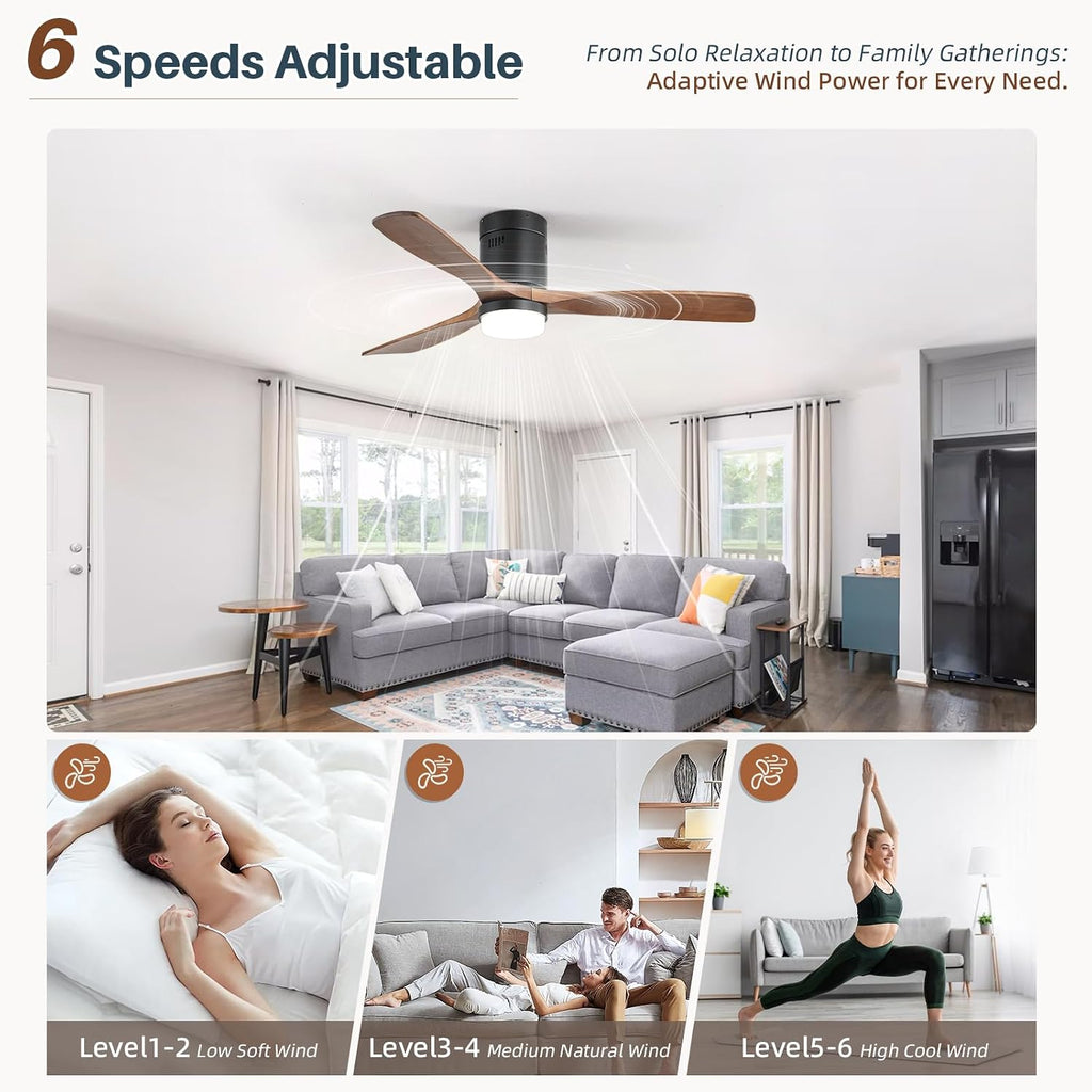 CACI Mall 52 Inch Wood Flush Mount Ceiling Fan with Lights, 3 Blades, Low Profile, Modern, 3CCT, Dimmable, Noiseless, Remote Contral, Outdoor Indoor Ceiling Fans for Bedroom/Farmhouse/Patio