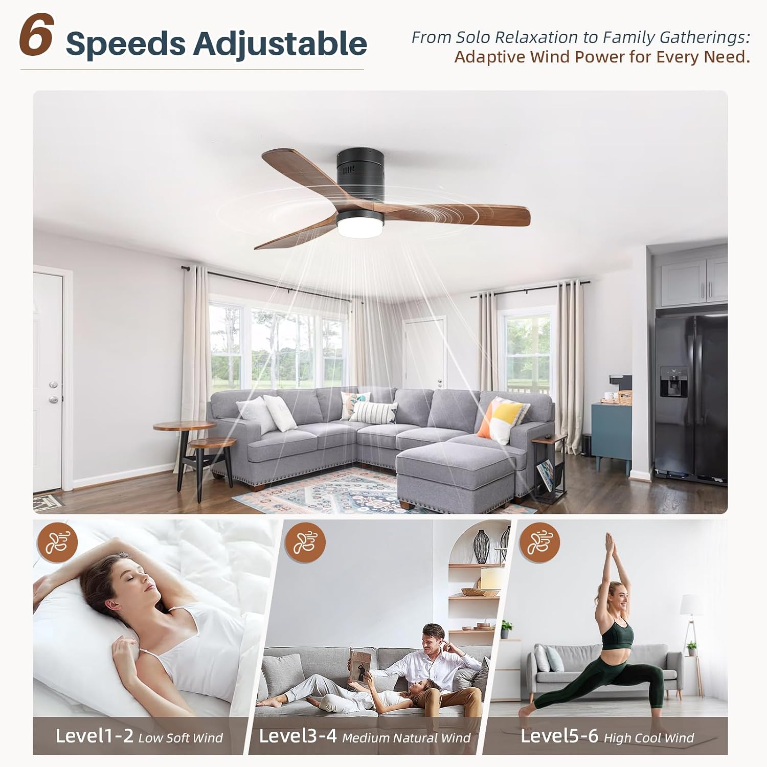 CACI Mall 52 Inch Wood Flush Mount Ceiling Fan with Lights, 3 Blades, Low Profile, Modern, 3CCT, Dimmable, Noiseless, Remote Contral, Outdoor Indoor Ceiling Fans for Bedroom/Farmhouse/Patio