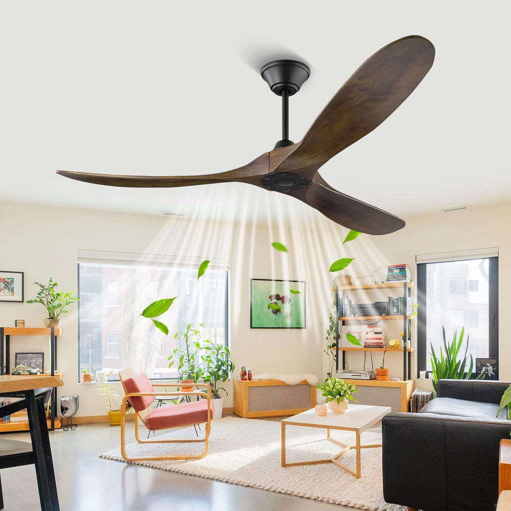 60 inch Ceiling Fan No Light, Outdoor Ceiling Fans for Patios, Wood Ceiling Fan with Remote Control, 3 Blade Propeller Fan, 6 Speed Noiseless Reversible Dc Motor, Indoor Outdoor Fan