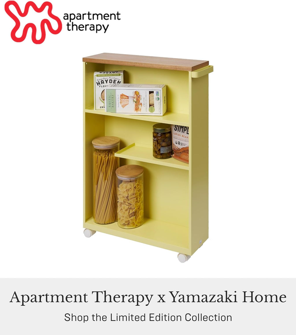 YAMAZAKI Home Slim Rolling Storage Cart – Narrow Bathroom Storage Cabinet with Handle, Slim Bathroom Storage Cart with Wheels, Easy Assembly, Steel + Wood, Yellow, 27' - Steel -
