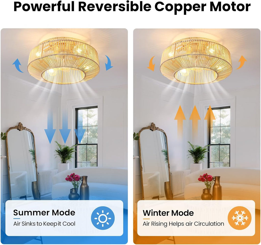 20' Boho Rattan Ceiling Fan with Lights, Flush Mount Caged Ceiling Fan with Remote, 6 Speed, Timing, Reversible Blades Enclosed Farmhouse Fan Lights for Bedroom, Kitchen