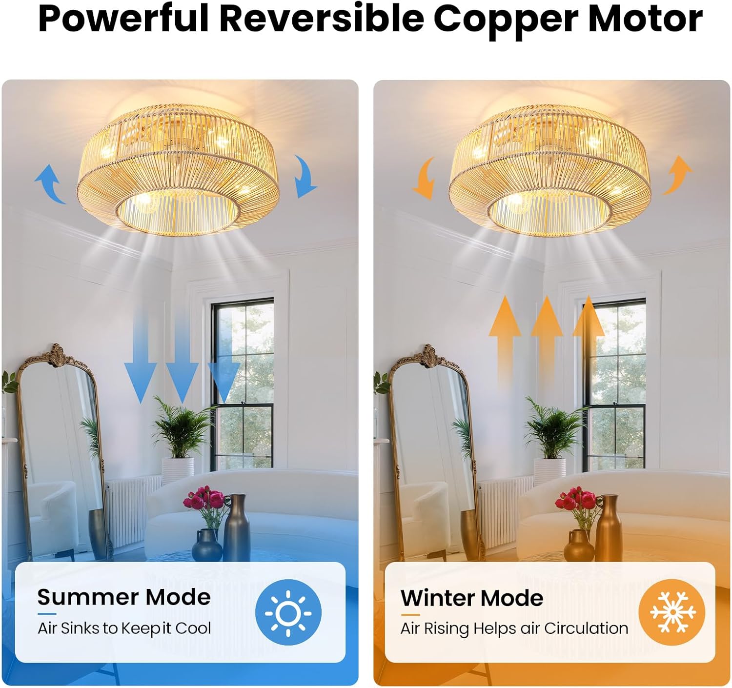 20' Boho Rattan Ceiling Fan with Lights, Flush Mount Caged Ceiling Fan with Remote, 6 Speed, Timing, Reversible Blades Enclosed Farmhouse Fan Lights for Bedroom, Kitchen