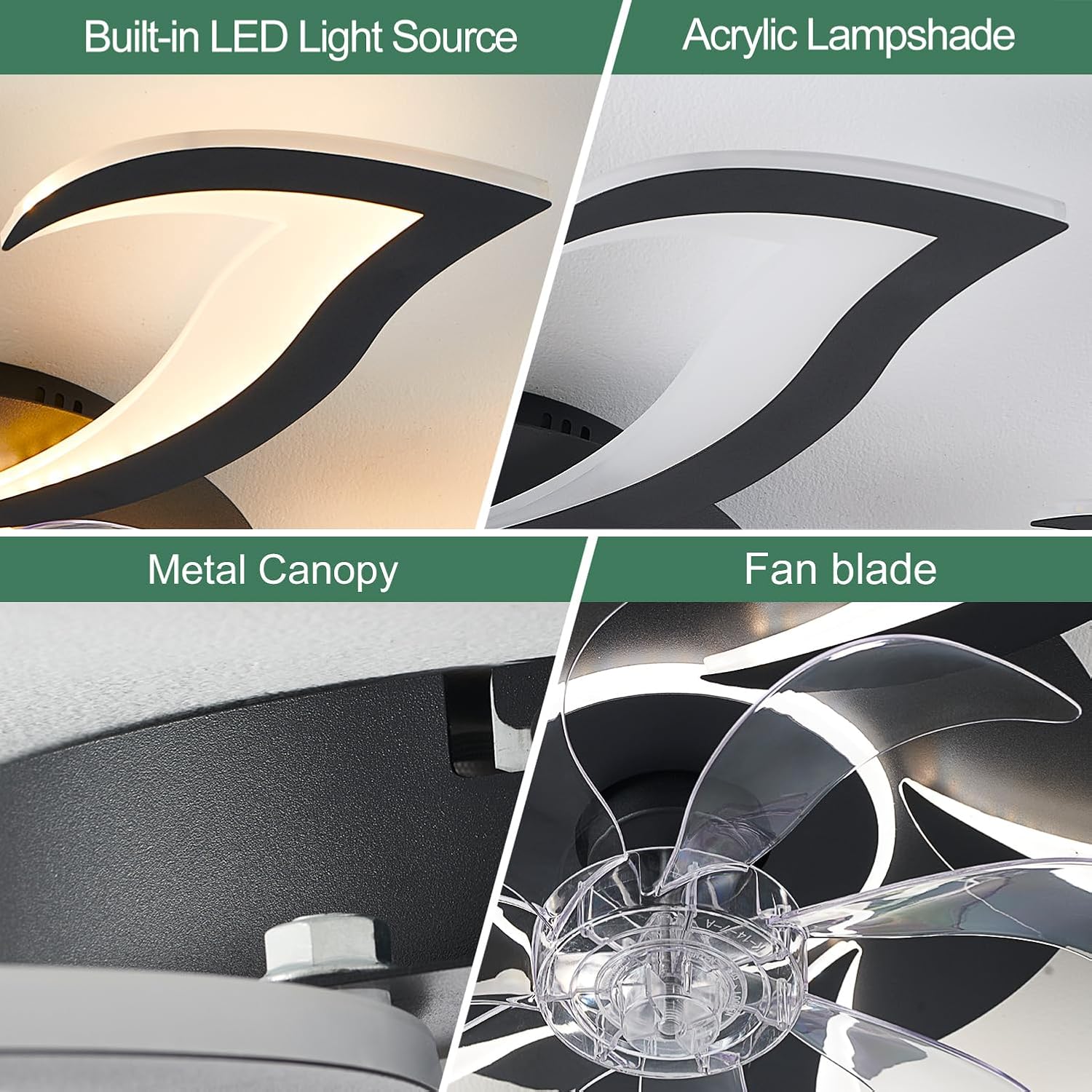 Modern Ceiling Fan with Lights, Black Flush Mount Ceiling Fan with Remote & APP Control, Dimmable LED Fan Light, 6 Speeds Low Profile Ceiling Fan for Bedroom Living Room