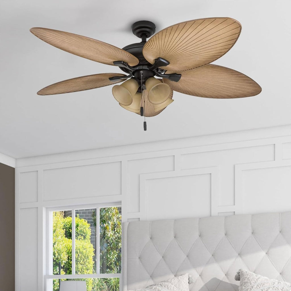 Honeywell Ceiling Fans Palm Valley, 52 Inch Tropical Indoor Outdoor Ceiling Fan with Light, Pull Chain, Three Mounting Options, 5 Palm Leaf Blades, Reversible Motor - 50506-01 (Bronze)