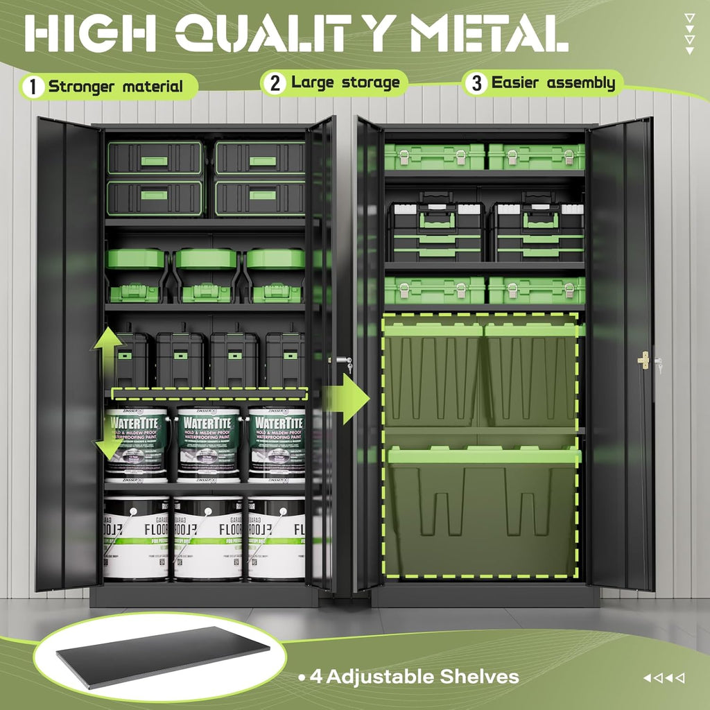 Oakcloud 72' Metal Storage Cabinet Tool Organizer, Lockable Garage Storage Tool Cabinets for Office, Home, School, Locking File Cabinet with 2 Doors and 4 Adjustable Shelves (72' Wide-Black)