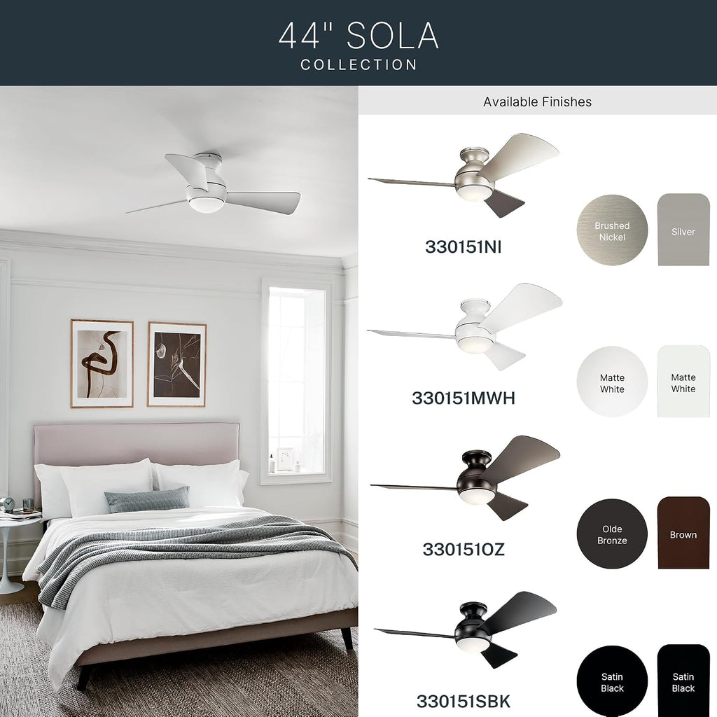 Kichler Sola LED 44' 3 Blade Fan with Etched Cased Opal Glass in Olde Bronze finish and Brown Blades