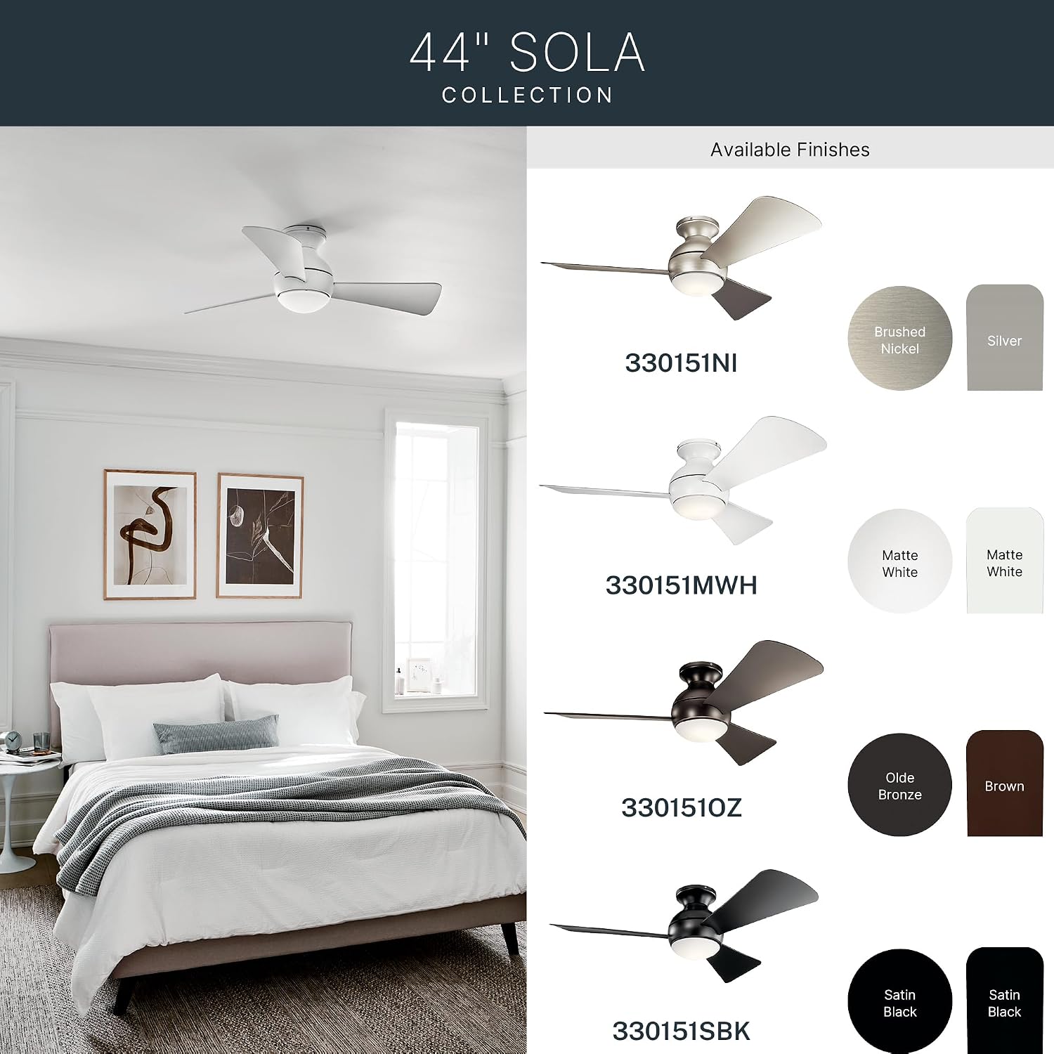 Kichler Sola LED 44' 3 Blade Fan with Etched Cased Opal Glass in Olde Bronze finish and Brown Blades