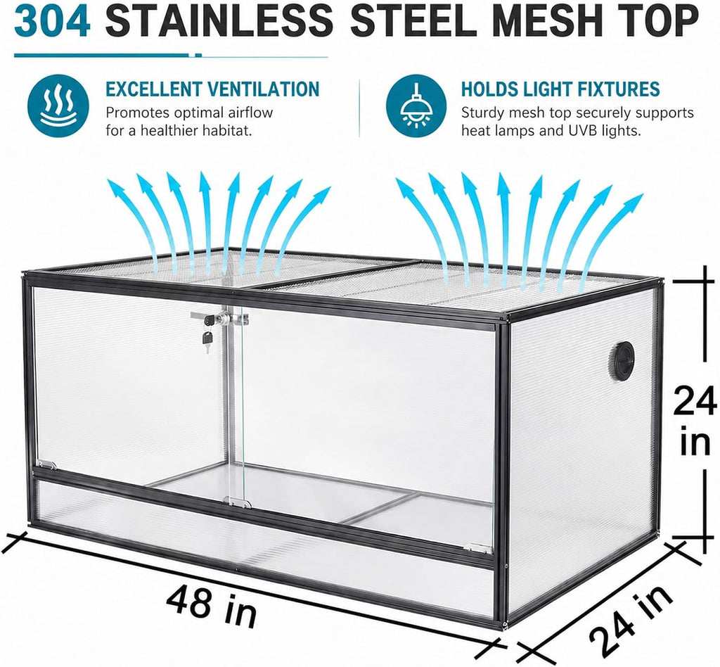 120 Gallon Bearded Dragon Tank, 48'x24'x24' (4x2x2 ft) Large Reptile Terrarium, Reptile Enclosure with Aluminum Frame, Mesh Top, Sliding Lock Doors
