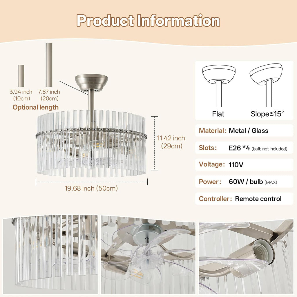 20' Silver Crystal Fandelier Ceiling Fans with Lights, Silver Crystal Chandelier Ceiling Fan with Light Remote Control, 6 Speeds for Bedroom, Living Room, Nursery
