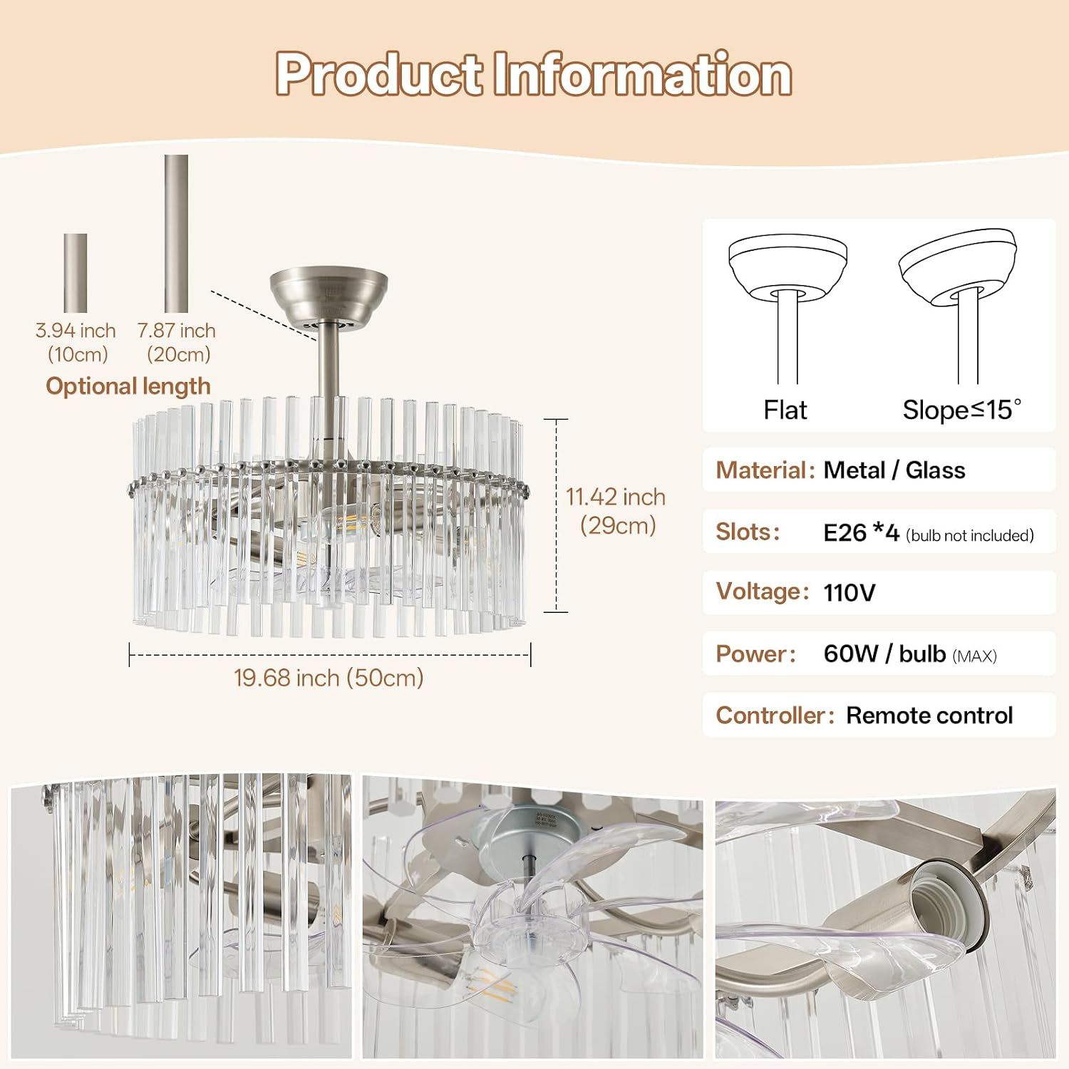 20' Silver Crystal Fandelier Ceiling Fans with Lights, Silver Crystal Chandelier Ceiling Fan with Light Remote Control, 6 Speeds for Bedroom, Living Room, Nursery