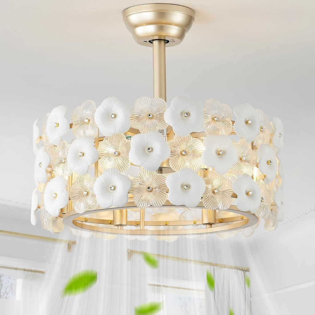 20' Gold Flower Crystal Fandelier Ceiling Fan with Light, Gold Crystal Chandelier Ceiling Fans Remote Control, Caged 6 Speeds for Bedroom, Living Room, Nursery