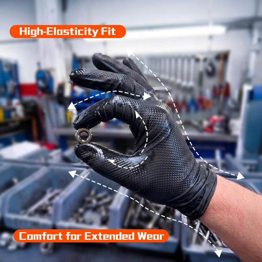 ANBOSON 10mil Nitrile-Gloves Disposable - Chemical-Resistant Rubber - Mechanic Gloves Heavy Duty, Latex Free, Diamond Grip (1000,Black Large)
