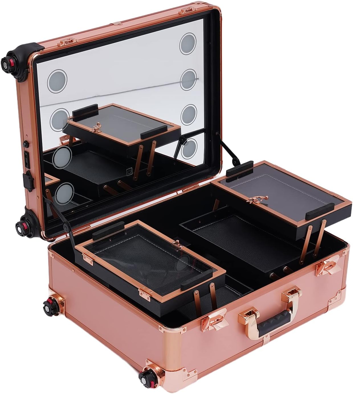 Trolley Make up Case Professional Cosmetic Organizer Vanity Station With Led Lights Wheels And Stands Rolling Lighted Travel Table & Mirror Pro Cover Panel Extendable Adjustable Legs（Rose Gold）