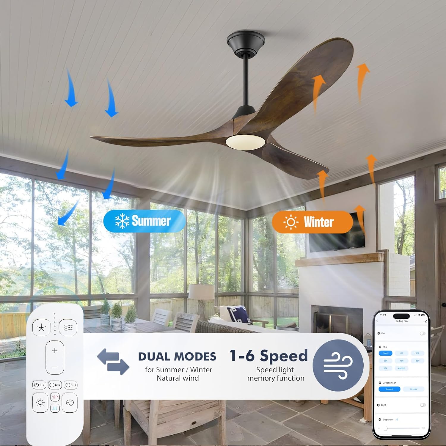 52 Inch Smart Ceiling Fan with Lights, Outdoor Ceiling Fans for Patios Damp Rated, 3 Blades Propeller Walnut Wood Farmhouse Ceiling Fan, Large Airflow DC Ceiling Fan with Remote/ APP/ Alexa Control