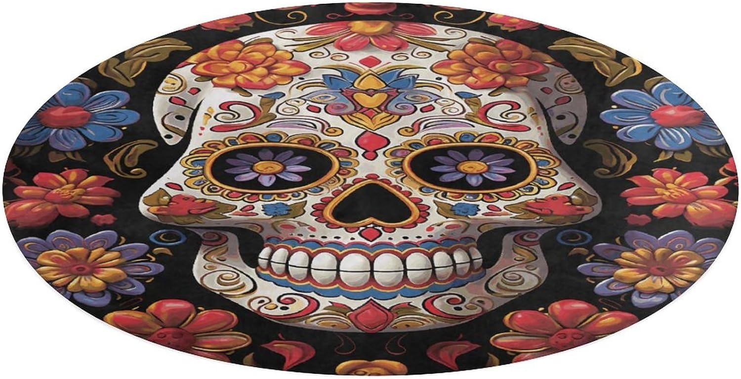 Sugar Skulls Coral Velvet Round Floor Mat Non-Slip Bath Rug Floor Covering for Bathroom Vanity Guest Suite & Vacation Home