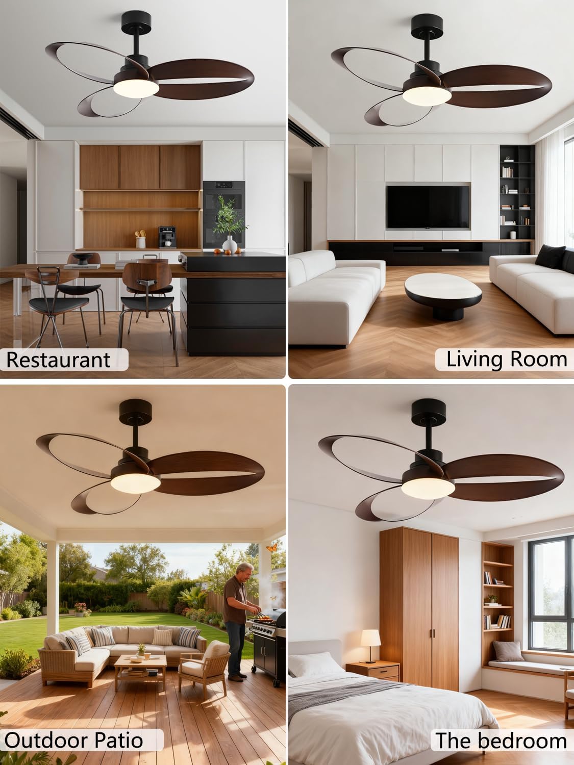 52 inch Ceiling Fans with Lights and Remote Black Strong Wind,special 3 Blades Noiseless Reversible DC Motor 6 Speeds with 3 CCT,for Patio Living Room Bedroom Office Indoor Outdoor,Black+Dark Walnut