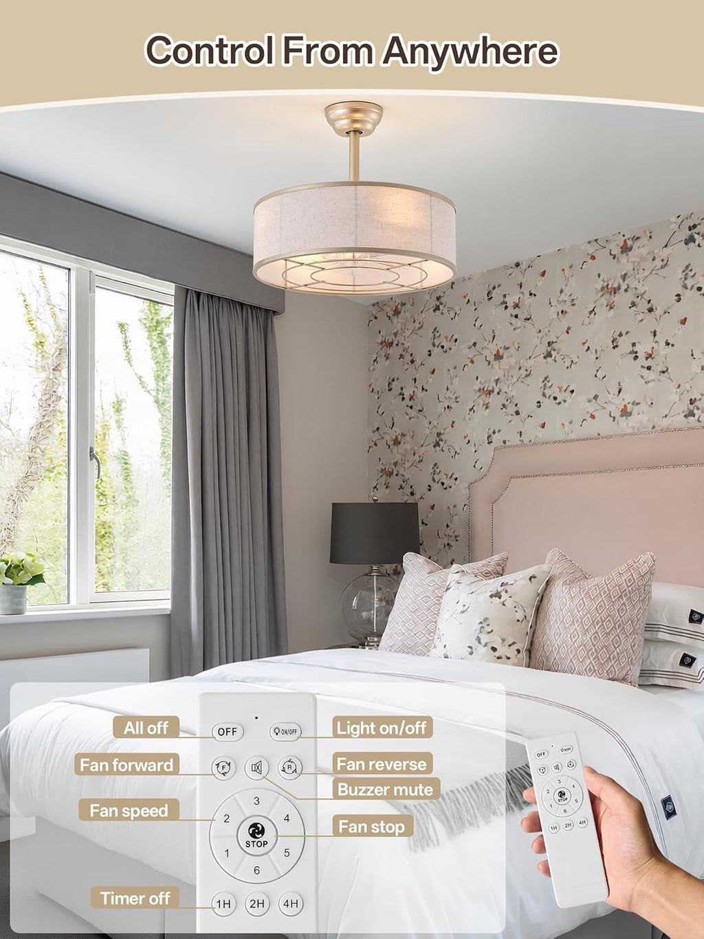 20' Gold Caged Boho Fandelier Ceiling Fan with Light & Remote Control - Bladeless Chandelier Fan, 6 Speed Quiet Reversible Motor for Bedroom, Nursery, Living Room