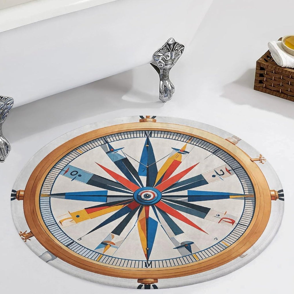 Maritime Sailboat Compass Coral Velvet Round Floor Mat Non-Slip Bath Rug Floor Covering for Bathroom Vanity Guest Suite & Vacation Home